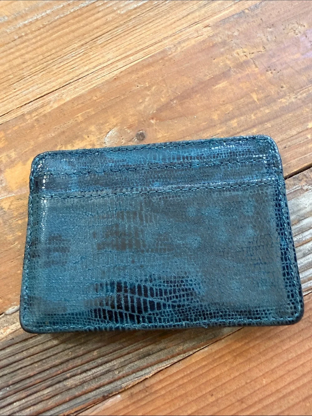 Tory Burch Teal Blue Lizard-Embossed Leather Card Case with Gold Logo